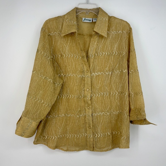 Joanna Womens XL Button Front Big Shirt Sheer Gold All Over Embroidery 3/4 Slv - Picture 1 of 8